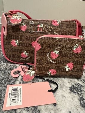 Juicy Couture Brown Canvas Strawberry Print Wristlet & Zip Wallet - Pink Accents
